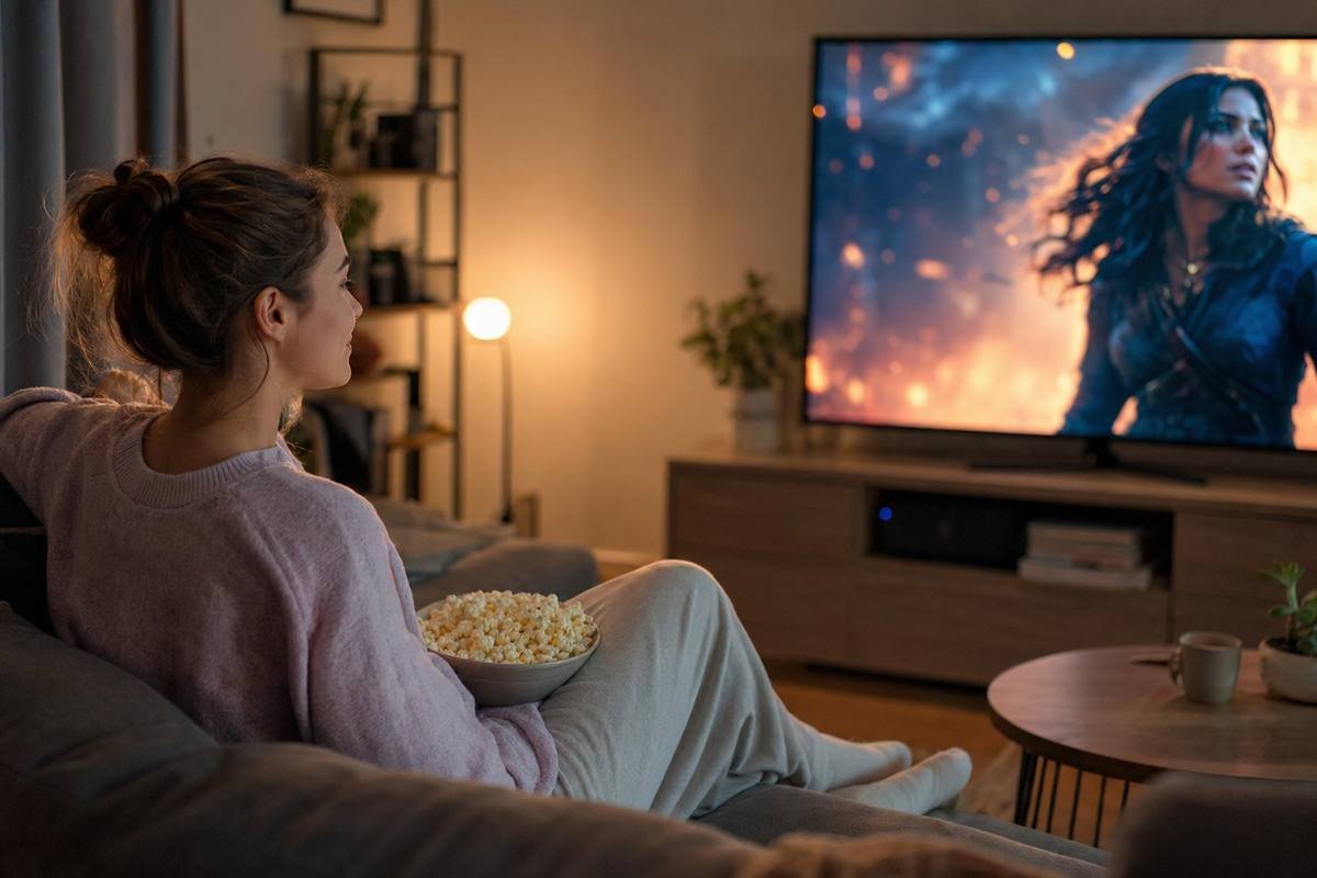 Person schaut Streaming-Dienst auf dem Sofa
